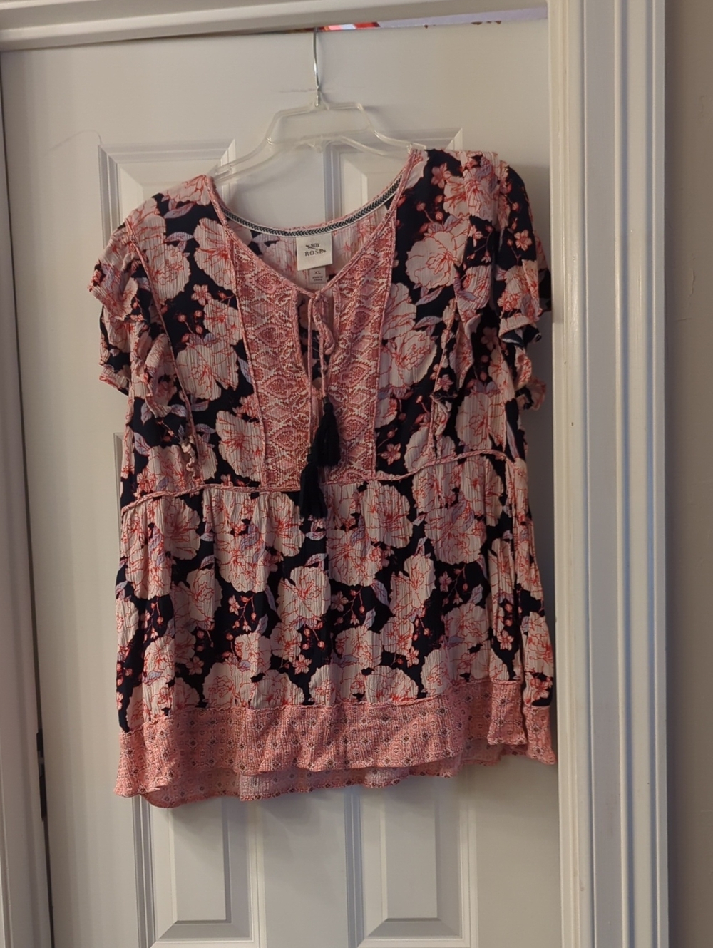 Knox Rose Navy and Red Floral Tie-Front Boho Top